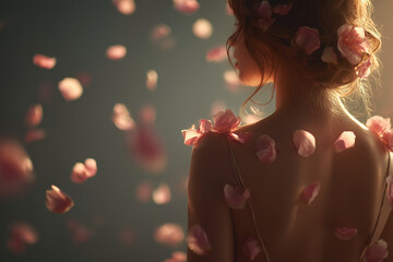 Young woman with flowers in hair surrounded by falling rose petals