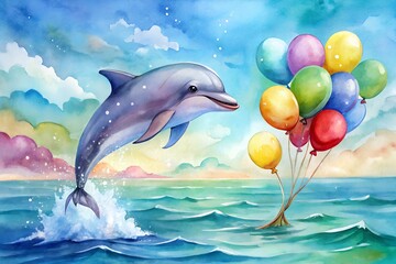Playful dolphin leaps from the ocean with a colorful bunch of celebratory balloons