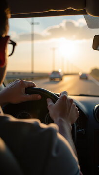 Driving at sunset, hands on steering wheel, road ahead, warm light, vehicle in motion, peaceful journey