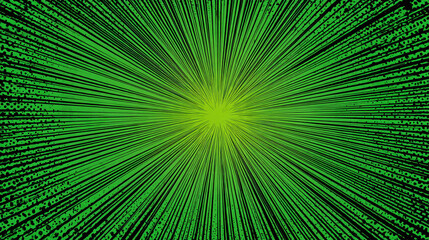 Abstract digital green light burst background with lines resembling computer code