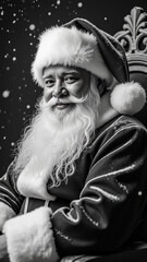 Joyful Santa Claus with long white beard and red suit sits on throne, surrounded by falling snowflakes, evoking festive spirit
