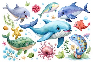 Watercolor marine life illustration with dolphins sea turtle fish and coral