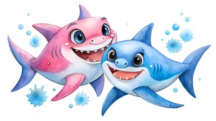 Adorable baby sharks with big smiles and sparkling water splashes watercolor illustration