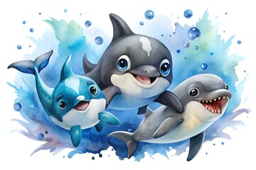 Watercolor illustration of three adorable cartoon dolphins playfully swimming in blue water