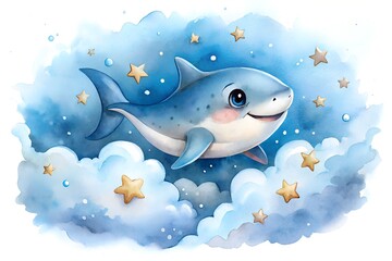 Cute baby shark swimming among fluffy clouds and twinkling stars in a whimsical scene