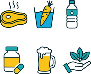 Food and health icons, steak, carrot water, plastic bottle, medicine, beer mug, eco hand, nutrition, wellness, lifestyle