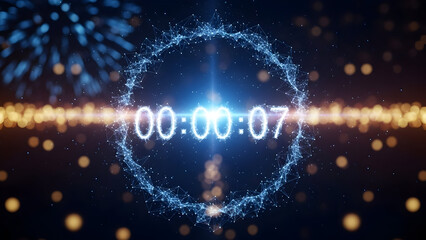Bright digital countdown timer displaying 00:00:07 within a glowing blue geometric circle, set against a dark, festive background with golden lights and abstract fireworks