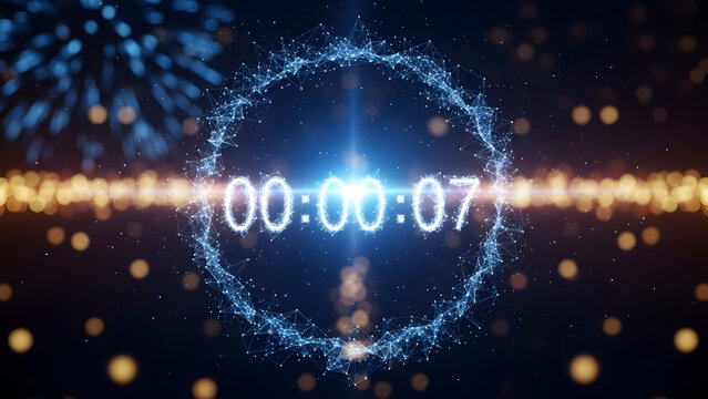 Bright digital countdown timer displaying 00:00:07 within a glowing blue geometric circle, set against a dark, festive background with golden lights and abstract fireworks - Powered by Adobe