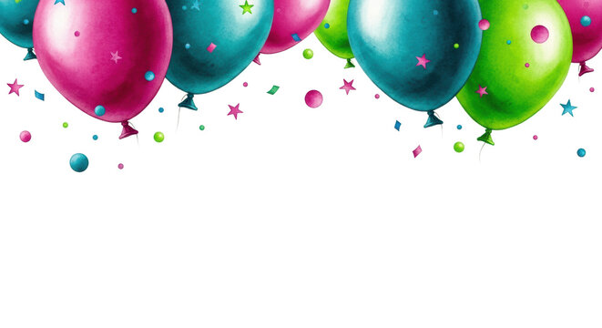 high-resolution watercolor illustration of magenta, teal, and lime green helium balloons floating upwards with metallic confetti, against white copy space for a banner. Birthday celebration atmosphere
