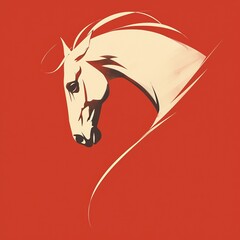 The minimalist white line art horse design utilizes negative space on a pure red background, with a single continuous line creating a modern animal symbol suitable for logos, brands, and identities.