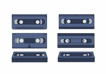 Fototapeta premium A collection of retro VHS video cassette tapes depicted in various flat design illustrations, evoking nostalgia for vintage analog recording technology.