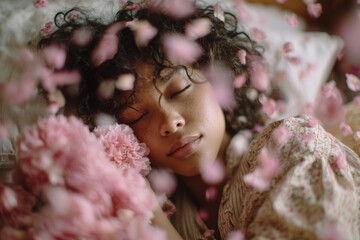 Peaceful woman with eyes closed surrounded by pink flowers and petals