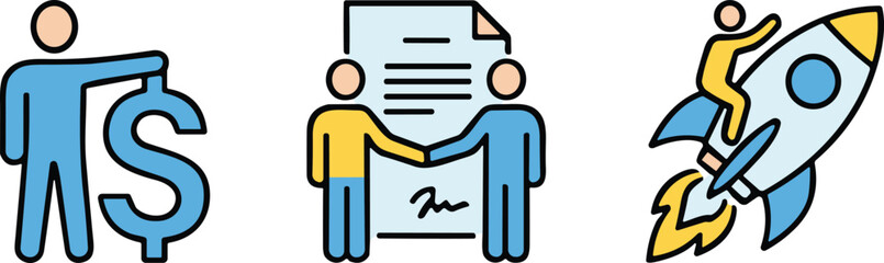 Startup funding, business agreement, partnership handshake, rocket launch, entrepreneur success, financial growth, investment, contract, scalable innovation, teamwork