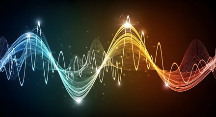 Abstract glowing sound waves or energy lines flowing across a dark background, transitioning from cool blue to warm orange.