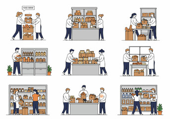 Volunteers organizing and distributing food at a food bank, showcasing community support and charity efforts in various illustrated scenes.