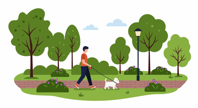 Flat vector illustration of a person walking a small white dog on a leash in a vibrant green urban park landscape with trees and path.