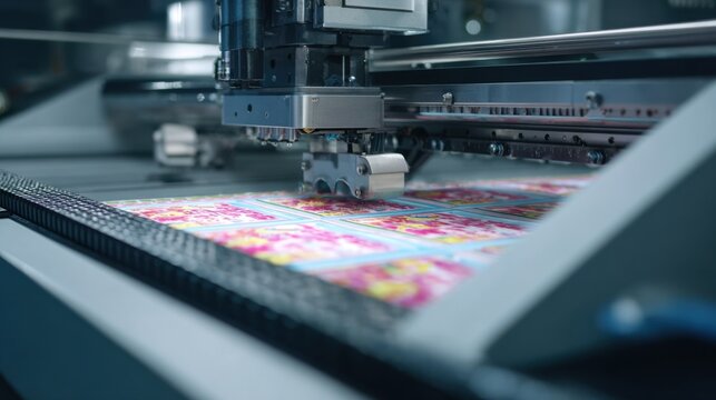 Medium shot of a hightech inkjet printer producing vibrant promotional flyers using advanced nanographic techniques.