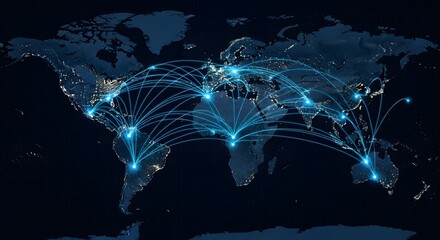 A global network of glowing blue lines connecting major cities on a dark world map, illustrating interconnectedness and data flow.