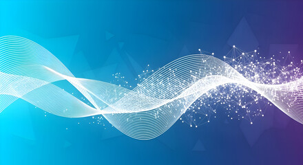 Abstract flowing waves of light and particles on a blue gradient background.