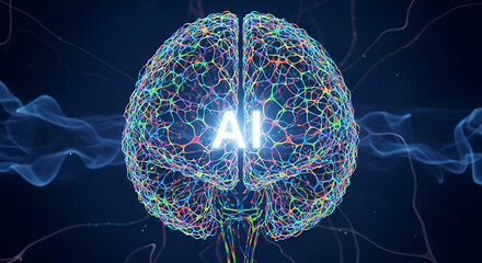 Abstract Digital Brain with AI Symbol Glowing in Center.