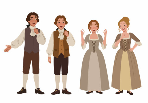 Cartoon illustration of an 18th-century opera cast: two men and two women in period costumes, performing with expressive gestures on a white background.