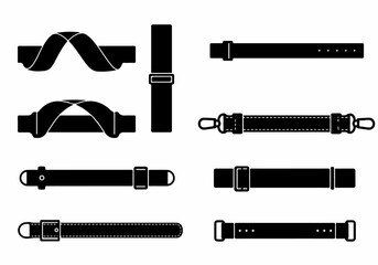 Collection of diverse black strap and belt silhouettes, including bag handles, adjustable straps, and buckle elements, ideal for design and accessory concepts.