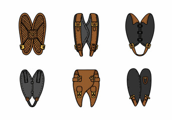 Cartoon vector set of fantasy adventurer gear: leather arm guards, pouches, and straps with buckles in brown and black.