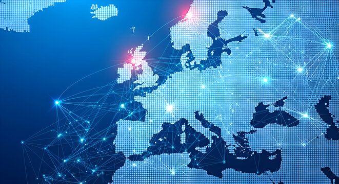 Global Network Connections Across Europe Digital Map.