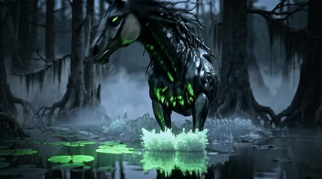 Kelpie Emerging from Swamp Waters Galloping Through Fog with Dripping Reeds and Phosphorescent Splashes