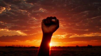 Raised fist silhouette at sunset