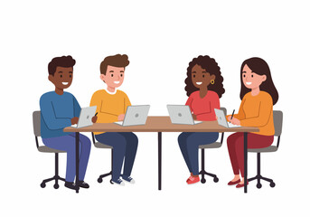 Diverse team collaborating with laptops at a table, illustrating teamwork, modern education, and productive work. Smiling group engaged in a successful meeting or study session.