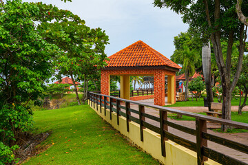 Red brick pavilion in El Faro Park on Punta Higüero in Rincón on the west coast of Puerto Rico in the Caribbean Sea