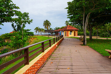 Red brick pavilion in El Faro Park on Punta Higüero in Rincón on the west coast of Puerto Rico in the Caribbean Sea