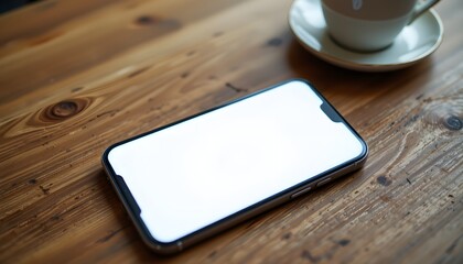 Smartphone and Coffee on Table: A contemporary smartphone with a blank screen lies on a rustic wooden table alongside a delicate coffee cup, showcasing a blend of technology and leisure.