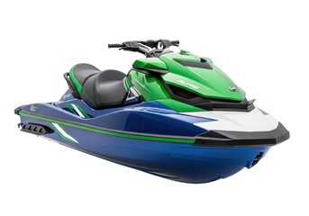 A modern, high-gloss emerald green and blue personal watercraft (pwc) with chrome details and black seating, isolated on a seamless white studio background. concept for luxury water sports