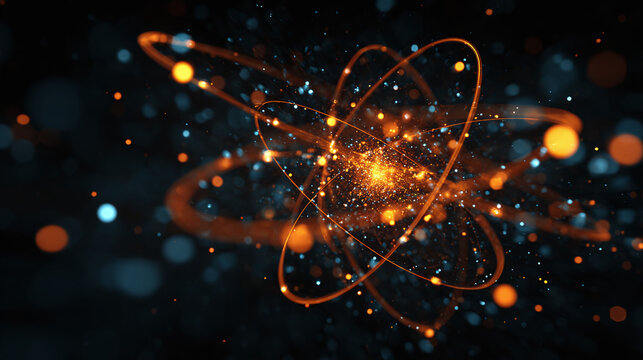 An abstract illustration of an atom with particles orbiting around the nucleus. The image features a vibrant display of energy and movement - Powered by Adobe