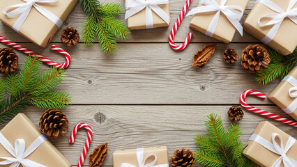 Festive Christmas border with wrapped gifts fir branches pine cones and candy canes arranged on a rustic wooden background perfect for holiday greetings or seasonal promotions