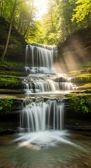 Fototapeta premium Stunning Multi-Tiered Waterfall Cascading Through Lush Green Forest with Sun Rays.