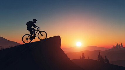 Silhouette of a mountain biker on a cliff edge overlooking a vast landscape at sunset symbolizing adventure challenge and freedom