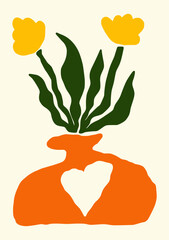 Flower framed art print hand drawn leaves shapes matisse style, naive art, contemporary background. Tulips flowers vector illustration