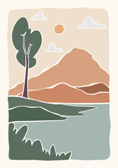 abstract landscape lake and mountains panorama posters. Organic doodle shapes matisse style, naive art, contemporary backgrounds. Lake and mountains vector illustration