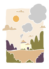 home lanscape panorama posters. Organic shapes matisse style, naive art, contemporary backgrounds. beach and mountains vector illustration