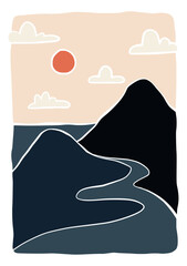 abstract lanscape panorama posters. Organic shapes matisse style, naive art, contemporary backgrounds. beach and mountains vector illustration