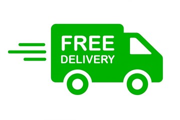 Green delivery truck with free delivery text in white symbolizing fast shipping and logistics services