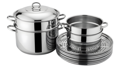Stacked stainless steel steamers isolated on transparent background