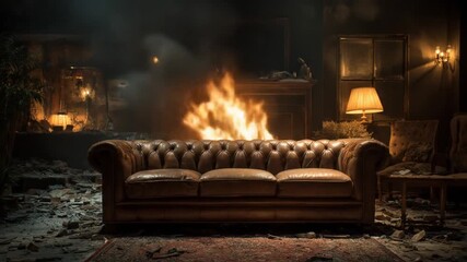 A vintage leather sofa in a dimly lit room, surrounded by scattered debris, as flames engulf the background, creating a dramatic and chaotic scene of destruction - Powered by Adobe