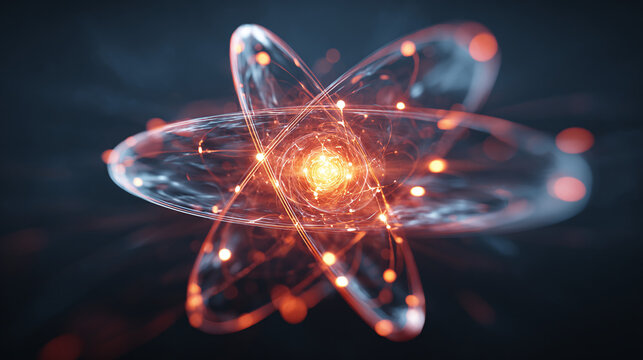 An artistic depiction of an atom with electrons orbiting a nucleus