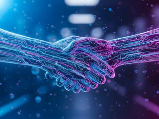 Innovative digital partnership through a futuristic circuit handshake concept