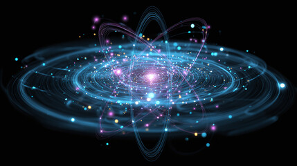 An artistic depiction of an atom with electrons orbiting around the nucleus, showing the power of science. This image displays scientific elements in the form of art