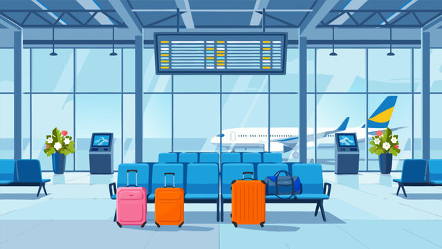 Empty airport waiting lounge with luggage and an airplane visible through large windows.